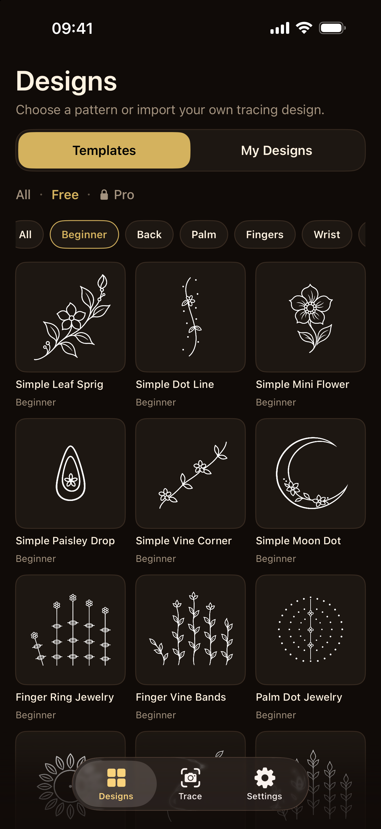 HennaTrace showing a selection of beginner henna designs